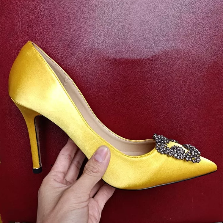 Yellow Silk Satin Rhinestones High Heels  Pump