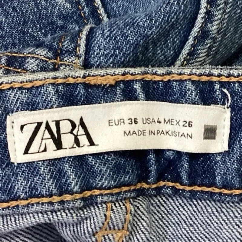 ZARA Women's Blue Denim High Rise Stretch Flat Front Straight Leg Jeans Pant 4